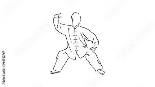 A minimalist line art illustration of a man practicing tai chi