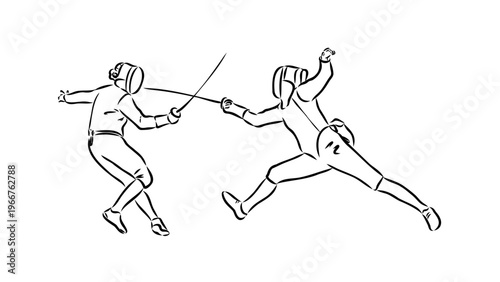 A minimalist vector illustration of two fencers in action with swords