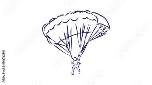 A minimalist line art illustration of a person parachuting safely to the ground