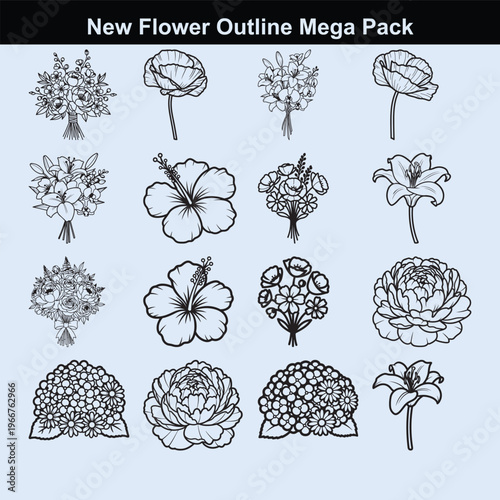 New flower outline mega pack for beautiful botanical illustrations.