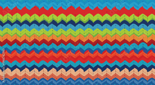 Multicolored chevron knitted texture with vibrant waves of red green blue and orange wool yarn in a zigzag pattern.