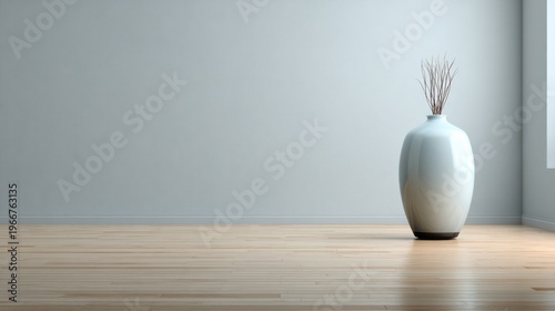 A tall ceramic vase with dried reeds sits on a wooden floor.