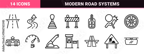 Automotive Transportation and Modern Road Infrastructure Minimalist Monoline Geometric Line Art for Commercial Interface Design