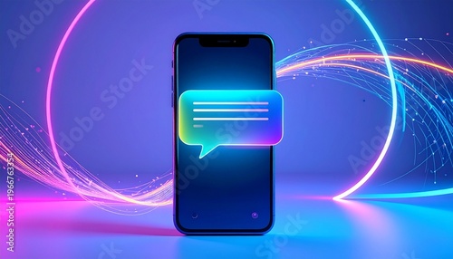 Smartphone glowing with digital chat bubble, neon abstract background swirling, vibrant blue and purple hues, modern communication concept, futuristic connectivity, mobile technology illustration high