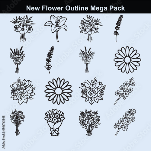 New flower outline mega pack for elegant spring garden visuals.