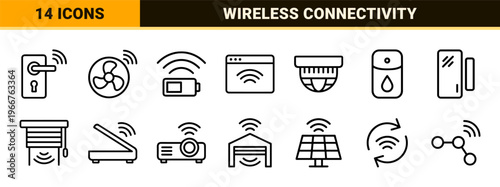 Minimalist monoline wireless connectivity and smart home integration line art featuring geometric network and internet signal symbols.