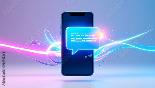 Smartphone glowing with digital chat bubble, neon abstract background swirling, vibrant blue and purple hues, modern communication concept, futuristic connectivity, mobile technology illustration high