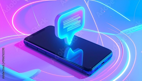 Smartphone glowing with digital chat bubble, neon abstract background swirling, vibrant blue and purple hues, modern communication concept, futuristic connectivity, mobile technology illustration high