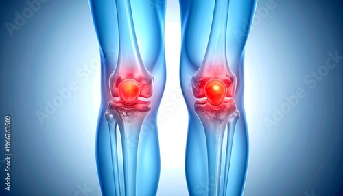 Front view of human knees, skeletal structure glowing blue, patella highlighted in red, medical illustration showing joint inflammation, pain visualization, musculoskeletal anatomy, clinical diagnosti
