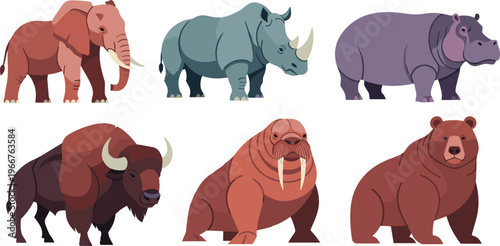 Large Wild Mammal Icon Set with Elephant Rhinoceros Hippopotamus Bison Walrus and Bear Characters for Wildlife Nature and Safari Design
