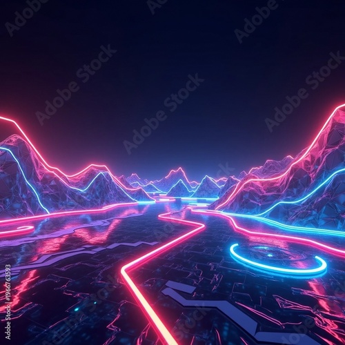 Futuristic Synthwave Podium in a Neon Low-Poly Mountain Landscape