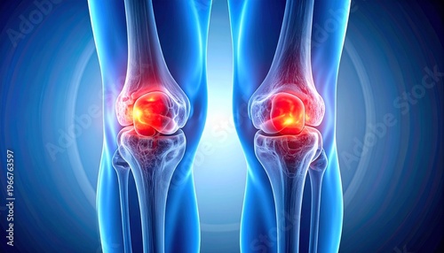 Front view of human knees, skeletal structure glowing blue, patella highlighted in red, medical illustration showing joint inflammation, pain visualization, musculoskeletal anatomy, clinical diagnosti