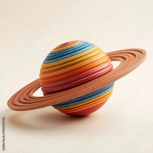 Stylized 3D Saturn Model with Colorful Striped Layers and Rings