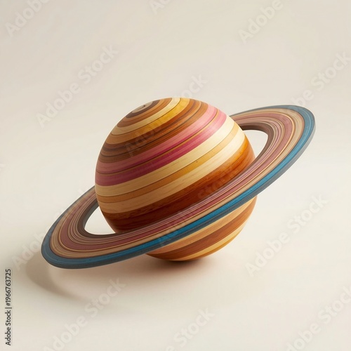 Stylized 3D Saturn Model with Colorful Striped Layers and Rings