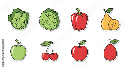 Colorful food sticker set including healthy vegetables and fruits like cabbage pepper apple and sweet cherries.