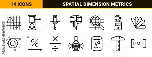 Measurement Precision and Spatial Analytics Monoline Outline Icon Set Featuring Geometry Calibration Tools and Metric Indicators