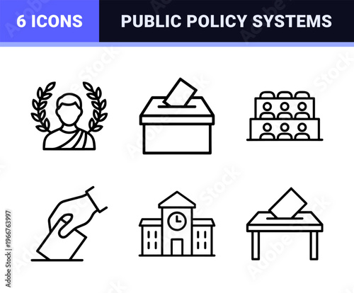 Government and Civic Engagement Symbols featuring Minimalist Monoline Aesthetic for Modern Political and Social Policy Visuals