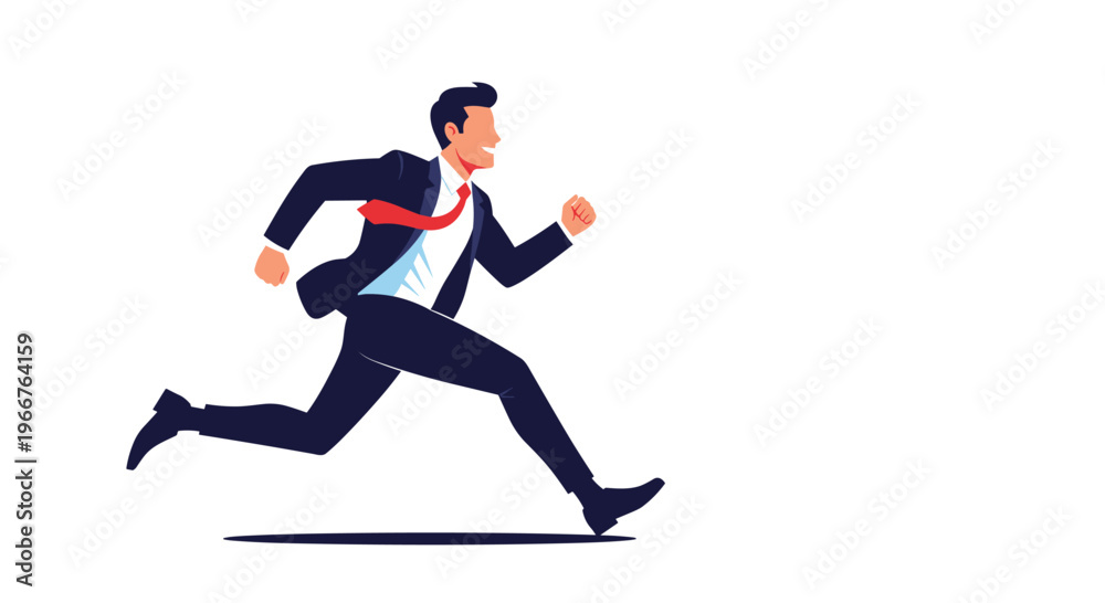 Fototapeta premium Energetic businessman in a suit running fast toward a goal against a clean white background depicting success.