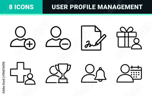Minimalist monoline user account and profile line art icons featuring geometric symbols for identity, login security, and web navigation.