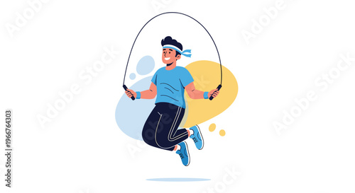 Young athletic man jumping rope for a cardiovascular workout against a clean white background with abstract shapes.