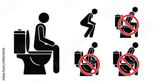 Stick figures demonstrate proper and improper toilet etiquette and usage