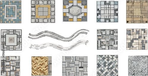 Architectural paving patterns vector set, top view landscape design elements, stone and brick walkway textures for urban planning and garden patios