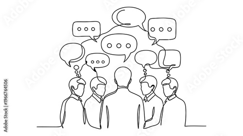 Continuous line drawing of business people discussing and sharing ideas.