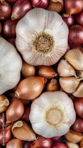 Top view of fresh garlic bulbs and red shallots pile