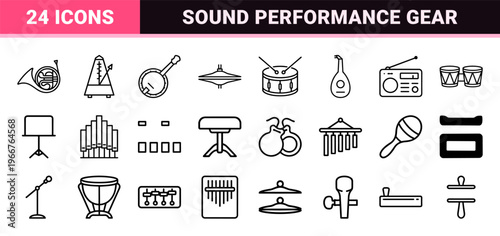 Minimalist Monoline Musical Instrument Outline Symbols Featuring Geometric Orchestral and Studio Audio Equipment for Clean Digital Interfaces