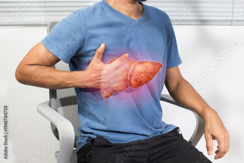 Male holding abdomen with highlighted liver illustrating cirrhosis hepatitis inflammation and related complications in healthcare concept