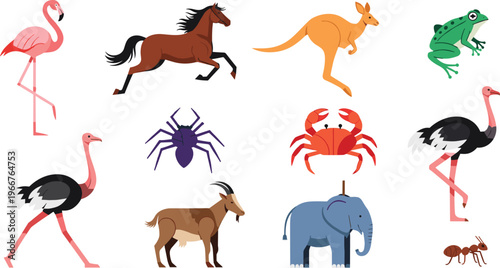 Animal Diversity Icon Set with Flamingo Horse Kangaroo Frog Ostrich Spider Crab Goat Elephant and Ant for Wildlife Nature Illustration Design