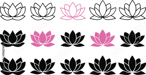 Row of stylized pink and black floral lotus motifs arranged in a pattern