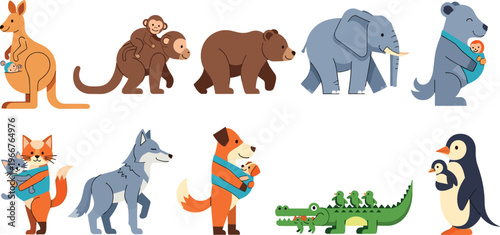 Animal Parent and Baby Care Icon Set with Kangaroo Monkey Bear Elephant Dog Penguin and Wildlife Family Bonding Characters for Nature Design