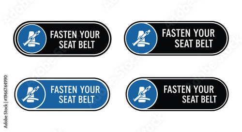 Four seat belt buckle icons with fasten your seat belt text