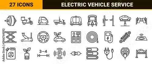 Sustainable Urban Mobility and Electric Vehicle Infrastructure Thin Line Icons for Modern Clean Energy Transportation and Automotive Service