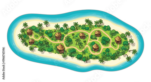 Tropical island resort map vector, aerial view of exotic paradise with palm trees and beach bungalows, summer vacation destination with turquoise water