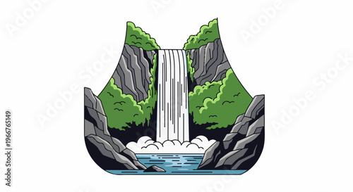 A cascading waterfall plunges down rocky cliffs amidst lush green foliage
