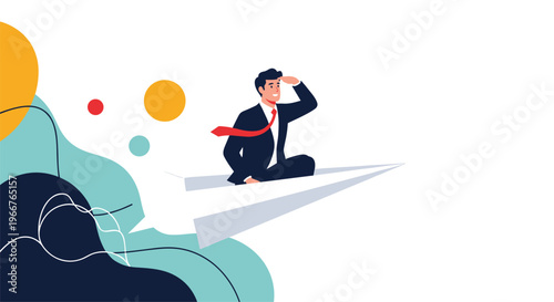 Visionary businessman flying on a paper airplane looking forward with optimism toward new career opportunities.