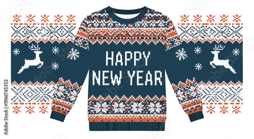 Dark blue ugly christmas sweater illustration with happy new year text and festive reindeer and snowflake art.