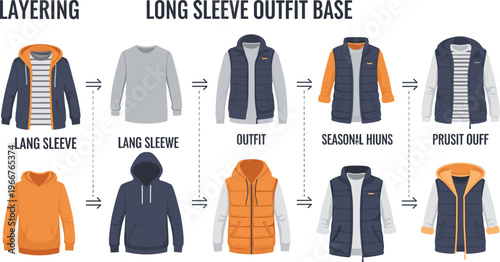 Layering Outfit Guide Illustration with Long Sleeve Base, Hoodies, Vests and Seasonal Clothing Combinations for Fashion Styling, Winter Wear and Apparel Design