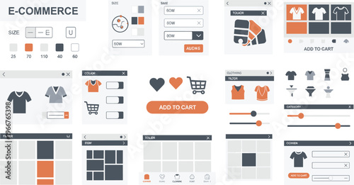 Ecommerce User Interface Kit with Product Filters, Size Selection, Add to Cart Buttons, Shopping Elements and Online Store UI Components for Web and App Design