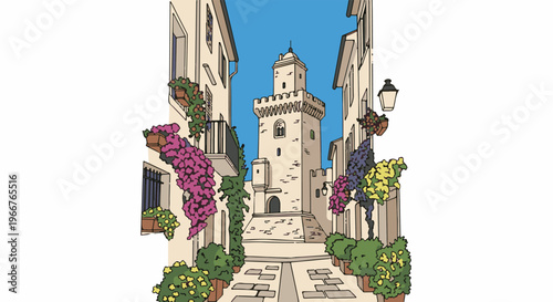 A charming street scene in an old town with a tower and flowers