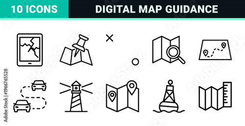 GPS Navigation and Mapping Systems Minimalist Monoline Outline Icons for Digital Wayfinding Interface Design and Logistics Planning