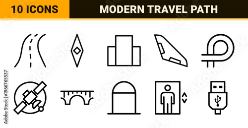 Minimalist Monoline Navigation and Wayfinding Icon Set for Global Mapping Interfaces and Smart City Directional Graphic Systems