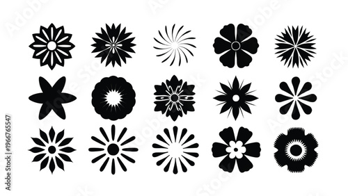 Geometric floral patterns with symmetrical petal designs in black and white