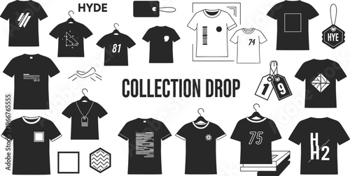 Streetwear T Shirt Collection Drop Illustration with Minimal Graphics, Branding Elements, Tags and Modern Apparel Designs for Fashion Launch and Merchandising