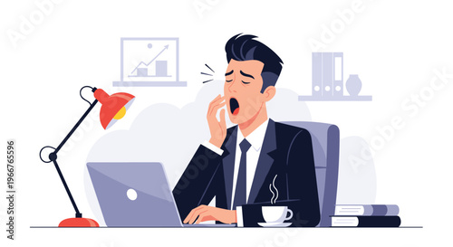 Tired businessman yawning at his office desk with a laptop, desk lamp, and a cup of coffee indicating late night work.