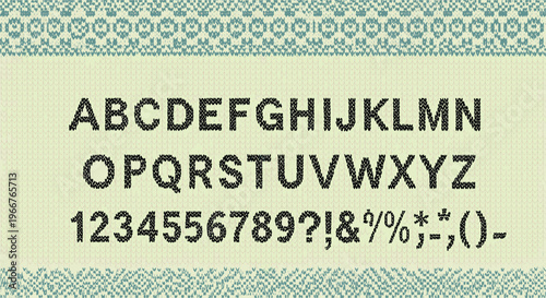 Knitted typography set with uppercase letters, numbers, and symbols in black yarn over a pale green wool texture base.