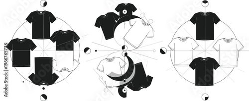T Shirt Rotation Mockup Illustration with Multiple Angles, Circular Layout, Apparel Presentation and Dynamic Clothing Display for Fashion Design and Branding