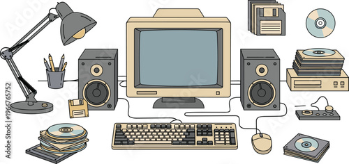 Retro Computer Setup Illustration with Vintage Monitor, Keyboard, Speakers, Floppy Disks and CDs for Old Technology, Nostalgia and Classic Desktop Design